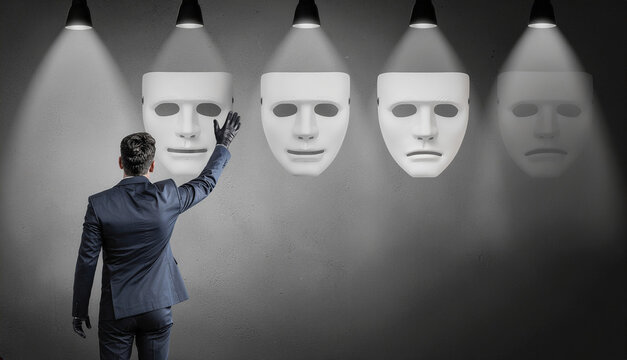 A businessman from behind reaching out to a row of white masks under spotlights on a gray wall, conceptualizing social identity, choosing a persona, human psychology, and alter ego in corporate.
