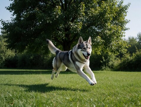 Czechoslovakian wolfdog runs across green grassy field under sunny sky near large tree. Young dog with grey fur, pointy ears, and bushy tail leaps joyfully in nature.