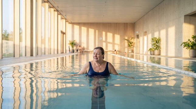 Mature woman swimming sunlit indoor pool. Promotes healthy aging, wellness, and active lifestyle. Suitable for healthcare, retirement, and fitness marketing campaigns.