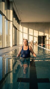 Senior woman stands in indoor swimming pool with sunlight. Represents active aging, fitness, and wellness through aquatic exercise. Ideal for healthcare and retirement lifestyle marketing.