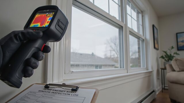 A technician uses a thermal camera to inspect residential window insulation. Ideal for professional home energy audit and sustainability services marketing.