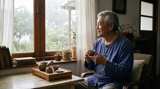 A senior Asian man sits peacefully by a window, holding a tea cup and looking outside during a traditional tea ceremony at home.