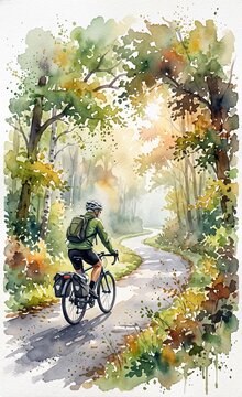 Watercolor painting of a person cycling on a winding trail through a lush forest during a sunny day.