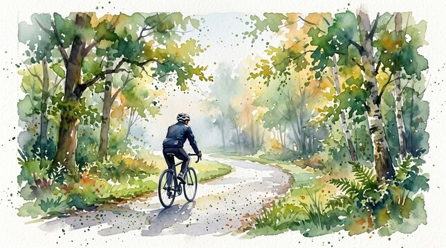 Cyclist riding a bike on a forest path for wellness.
