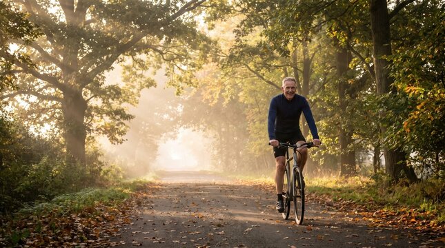 A smiling senior man rides a bicycle along a leaf-covered road in a misty forest with golden sunbeams.