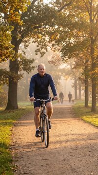 An active senior man rides a bicycle along a misty park path during autumn, promoting a healthy lifestyle and wellness in retirement.