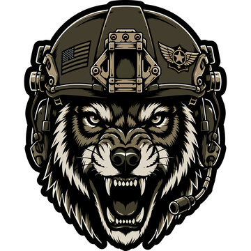 Tactical wolf soldier wearing military helmet with night vision mount vector illustration isolated on black background for tactical gear and t-shirt design.