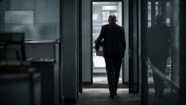 Senior business executive leaving the office carrying a personal box symbolizing retirement, career transition and new beginnings