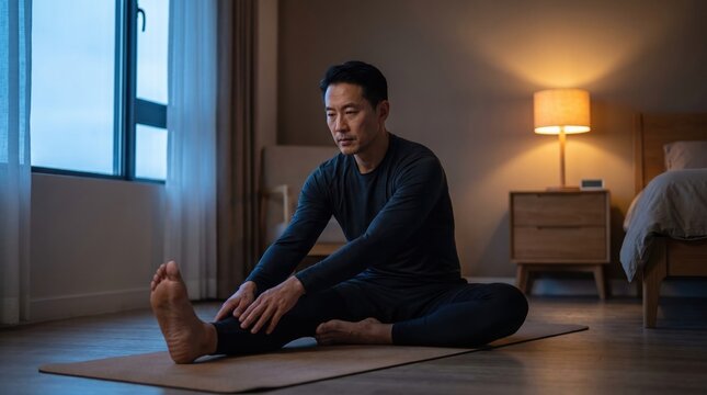 Asian man performs seated leg stretch on yoga mat in bedroom for wellness.