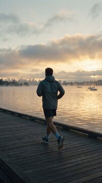 A man runs along a wooden pier towards a city skyline at dawn. The atmosphere is calm and foggy with golden sunlight reflecting on the water. Ideal for fitness and wellness marketing materials.