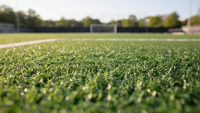 Low angle view of a soccer field with artificial green grass in bright sunlight. This professional sports surface is perfect for athletic competition and fitness concept.