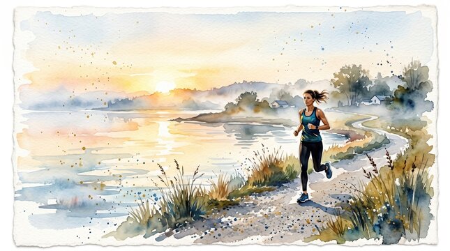 A woman runs along a scenic shoreline during sunrise. Watercolor painting evokes a sense of peace and healthy lifestyle. Perfect for wellness blogs, fitness posters, or mental health content.