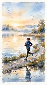 Woman running along a scenic lakeside path at dawn. Watercolor illustration capturing a peaceful healthy lifestyle mood. Ideal for wellness and fitness content.