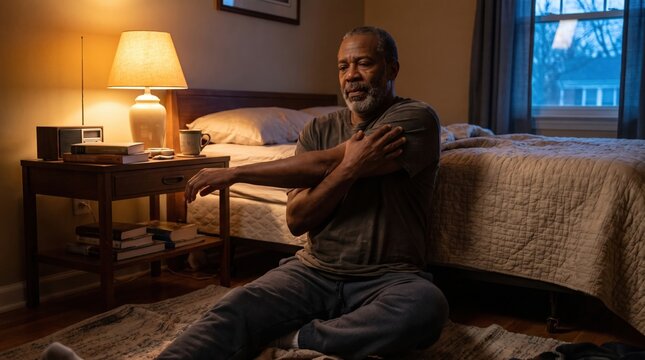 Senior African American man stretching his arm while sitting on his bedroom floor during an evening wellness routine.