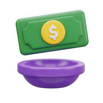 3d rendered image of a dollar bill and a purple bowl with a coin