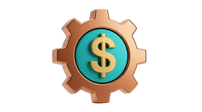 3d render of a golden gear with a dollar sign symbol in the center, isolated on transparent background