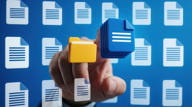 Finger touches stack of blue document icons on digital interface. Computer screen shows organized files folders data. Technology for info management.