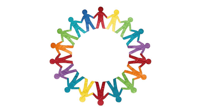 Paper chain of colorful people holding hands in a circle isolated on transparent background
