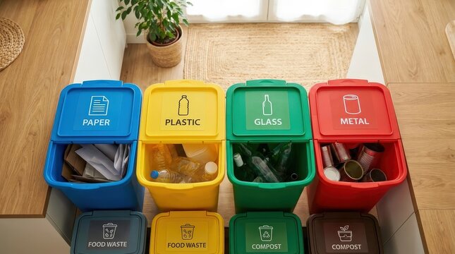 Color coded recycling bins with sorted household waste in a bright home interior, waste separation, sustainable living, recycling routine.