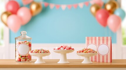 Fototapeta premium Bright candy buffet table setup with pastel balloons and blank labels for kids party