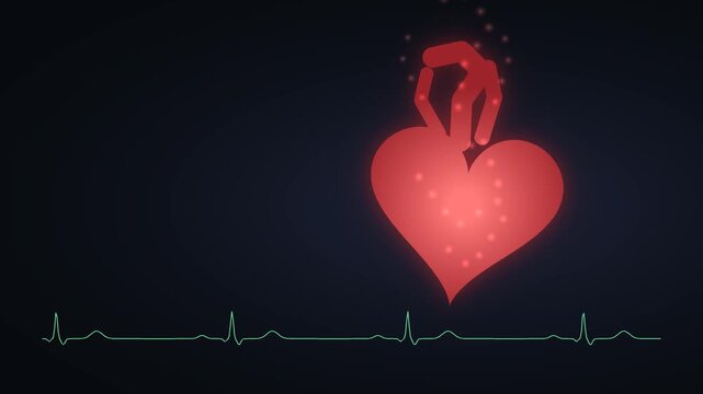 Human heart beating semi transparent anatomical model glowing red blood flow dark clinical background generative AI