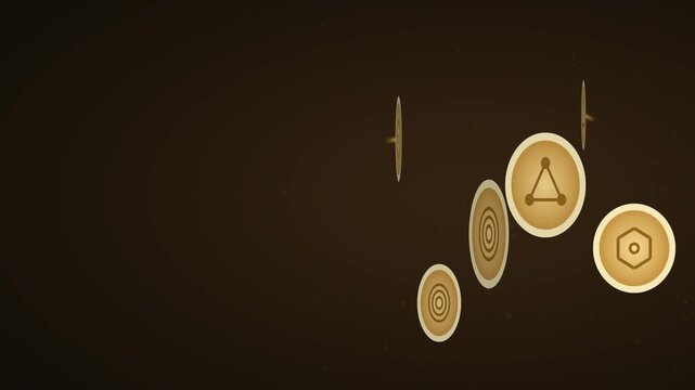 Golden coins digital currency symbols floating rotating slowly glowing particle trails dark elegant financial generative AI