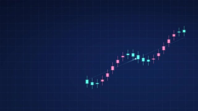 Candlestick chart rising falling glowing green red trend line moving dark blue tech background generative AI