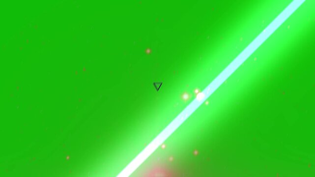 Triangle icon graphic overlay features a small central pointer symbol on a green chroma key background with a glowing diagonal laser light beam and particles.