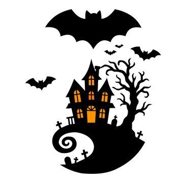 Halloween Haunted House with Bats, Dead Tree and Graveyard Silhouette. Resizable and editable.