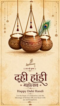Dahi handi festive invitation design featuring hanging clay pot, peacock feather ornament, vintage parchment texture, elegant hindi lettering and traditional devotional celebration card for holy event