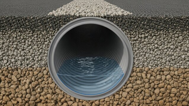 Cross section view of underground drainage pipe with water flowing inside gravel