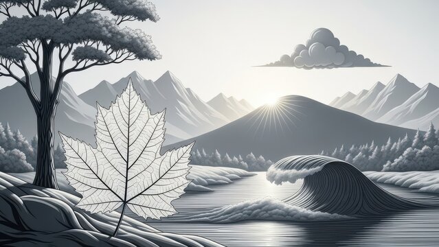 Monochrome landscape drawing featuring maple leaf and mountain scene, landscape
