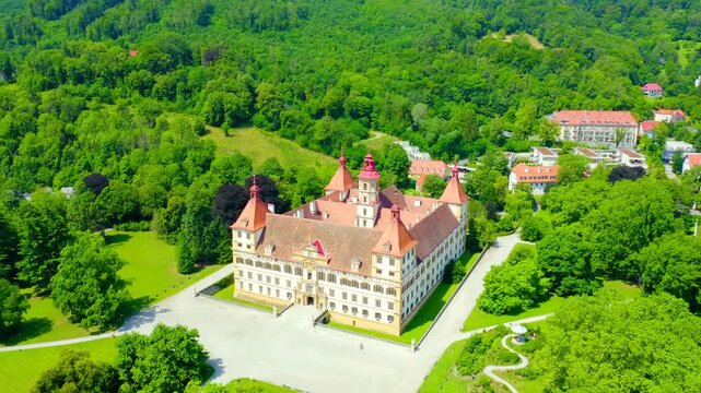 Graz, Austria. Eggenberg Palace (Schloss Eggenberg) - the largest aristocratic residence in Styria is listed as a World Heritage Site. Construction was completed by 1646. Drone footage