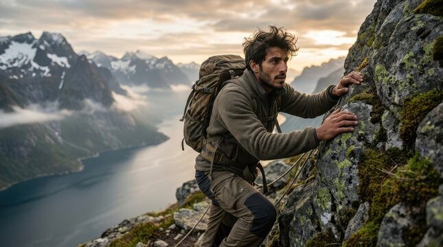 Man climbing rocky mountain with backpack overlooking fjord and snowy peaks