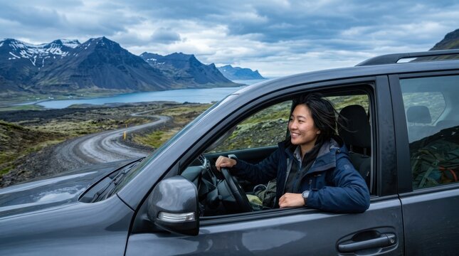 Woman driving a car through a scenic Icelandic landscape with mountains and a winding road
