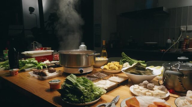 Steaming Hot Pot and Abundant Ingredients on a Wooden Table Indoors at