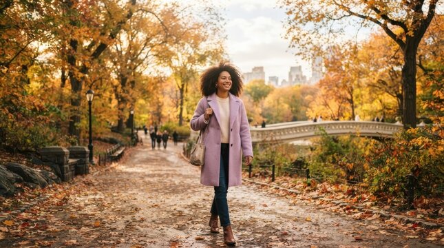 Woman walking through park with autumn leaves and city skyline in background