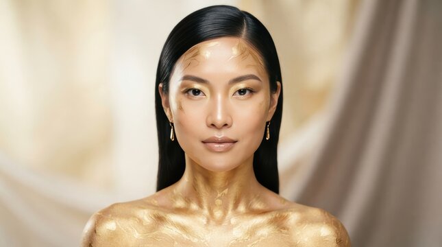 Elegant Asian woman with golden body paint and makeup for beauty campaign