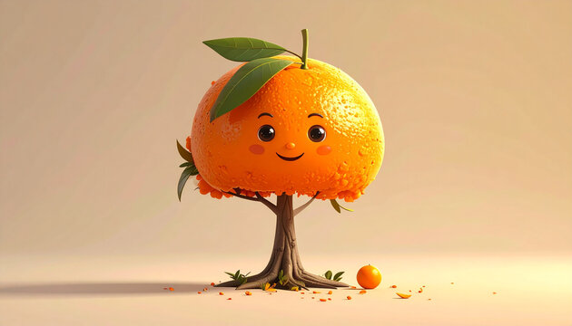 Cute orange character tree with smiling face and leaves