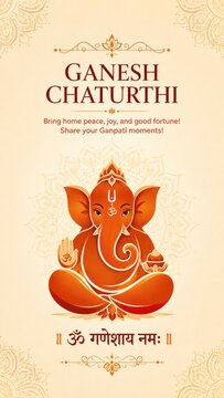 Ganesh chaturthi festive artwork featuring orange elephant deity, elegant cream backdrop, sacred symbol, ornate typography, auspicious celebration card and traditional spiritual invitation design art.
