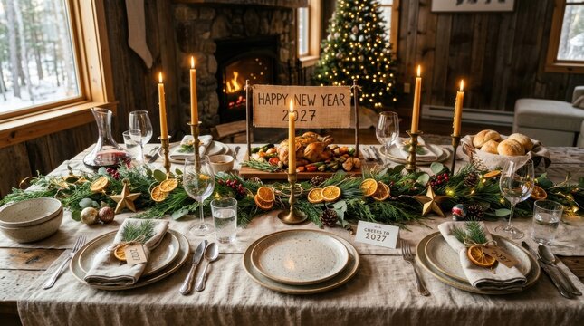 Cozy New Year's Eve dinner table setting with roasted chicken and festive decor