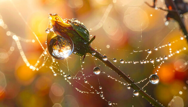 Dewdrops on Spiderweb on Rose Bud at Sunrise