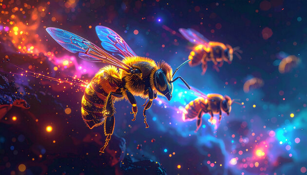 Fantastic bees flying in cosmic nebula with glowing particles