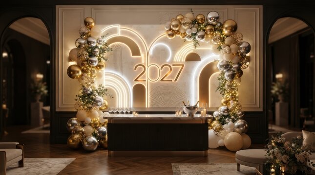 Elegant New Year's Eve 2027 celebration with balloons and champagne