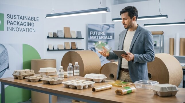 Sustainable household products and recyclable packaging displayed during a circular economy presentation, eco friendly products, responsible consumption, green business, waste reduction.