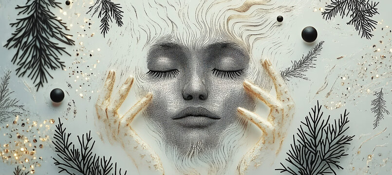 Surreal Woman Portrait with Closed Eyes and Hands Framing the Face, Snowflakes, Botanical Elements and Mystical Winter Fantasy Background