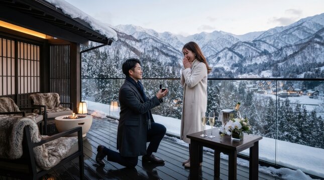 Man proposes to woman on snowy balcony with mountain view and champagne