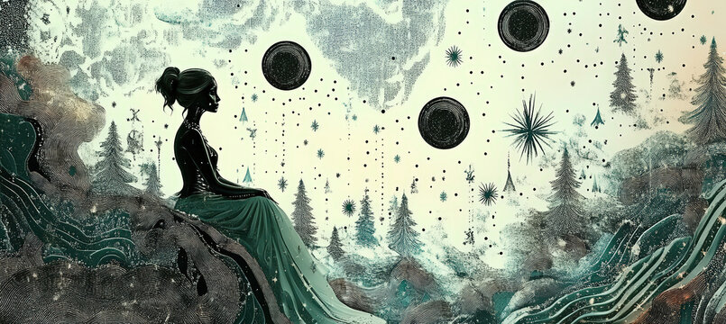 Solitary Person Sitting in Surreal Winter Forest with Floating Black Spheres, Twisted Trees and Mystical Dreamlike Landscape