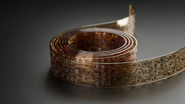 A golden flexible circuit board is rolled on a dark background with soft cinematic lighting. Ideal for futuristic technology and electronics manufacturing concepts.