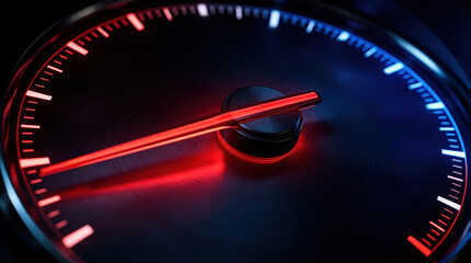 Naklejka premium Close up of car speedometer gauge with glowing red, blue lights. Modern digital dashboard dial shows speed measurement, performance. High tech vehicle control panel with neon illumination for fast